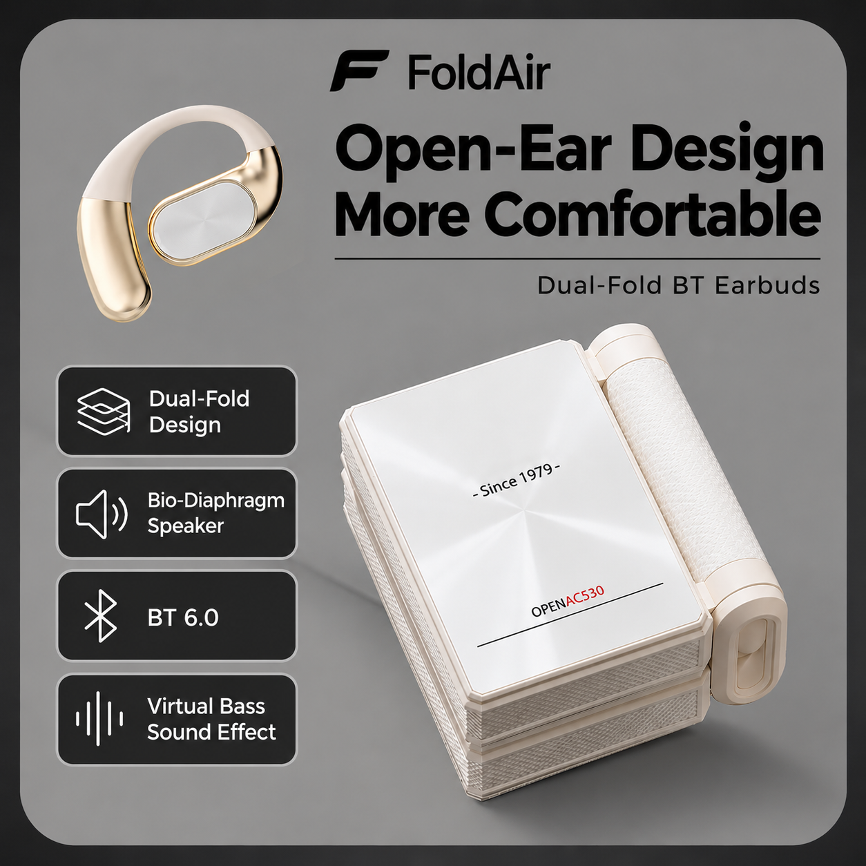 FoldAir open-ear: 14.2mm speaker, IPX5, Bluetooth 6.0, ergonomic hook